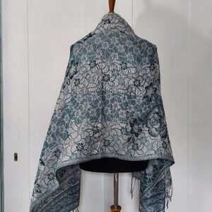 Gorgeous Shades of Blue Scarf‎ Wrap Floral Design with Metallic Silver Accents